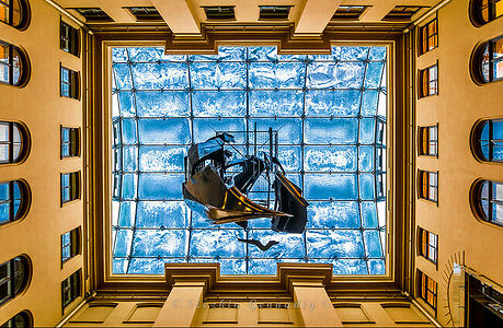 Sailboat in the atrium in the old town. Latvia. Riga.